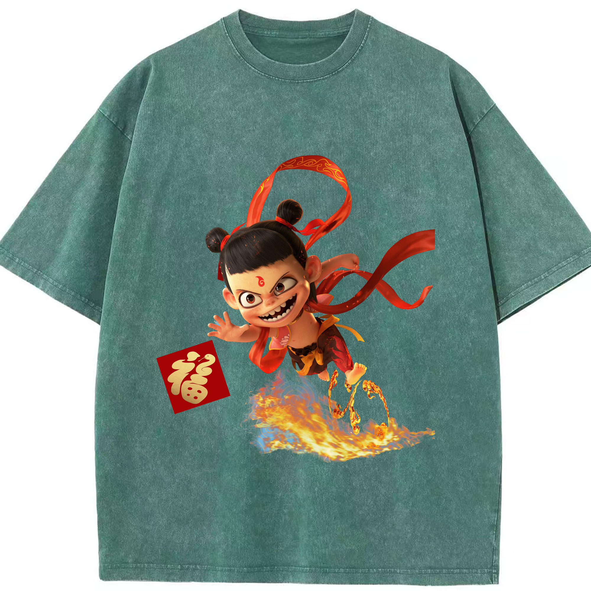 （画像用） Ne Zha 2 ナタ 魔童の大暴れ 綿100% ヴィンテージ風 半袖Tシャツ（フロントプリント）